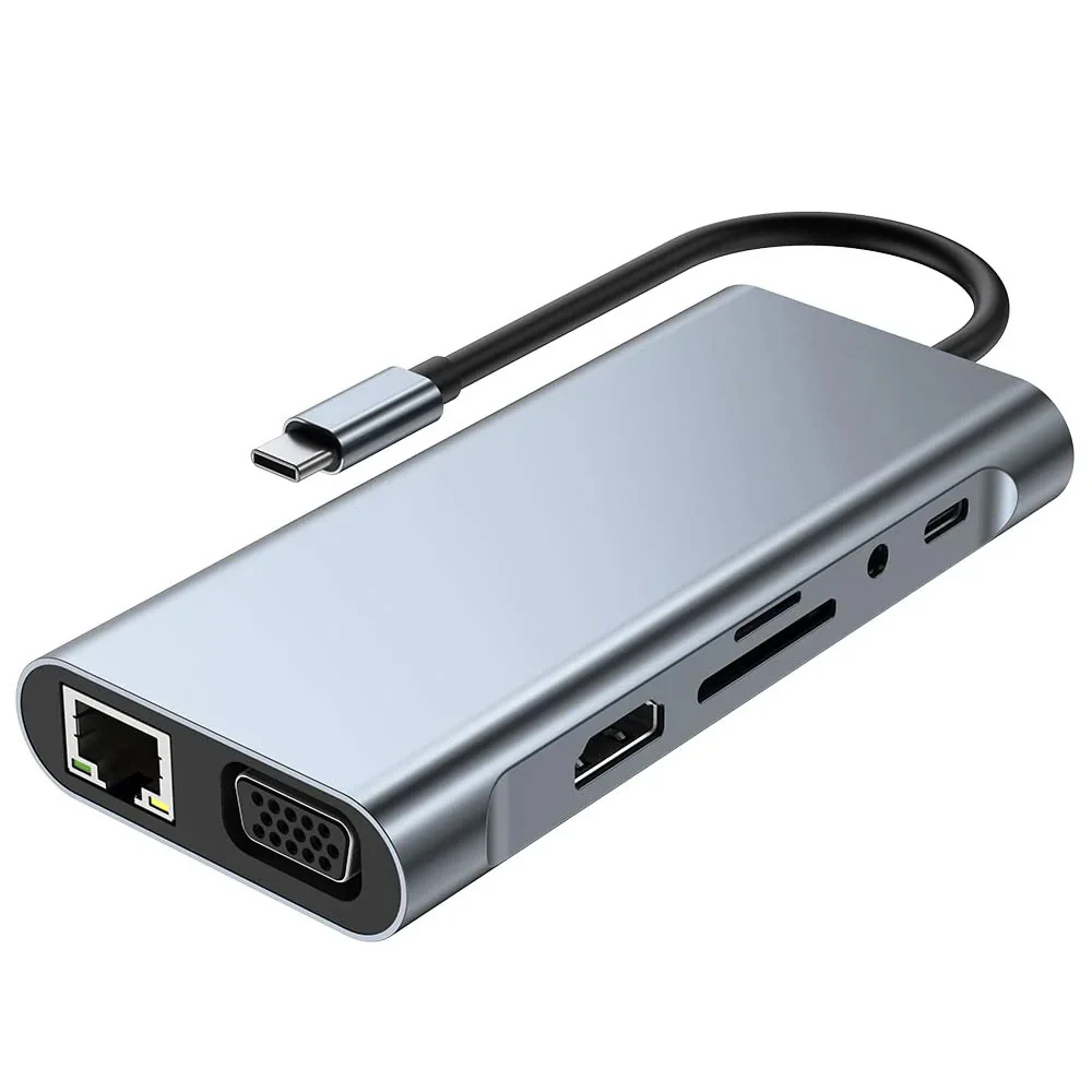 AND-DK11A | 11-in-1 Hub | USB (3.0) + 3 USB (2.0) + Ethernet (RJ45) + VGA (1080P) + HDMI (4K) + TF + SD + Audio (3.5mm) + TYPE-C (PD)
