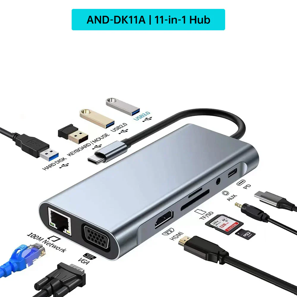 AND-DK11A | 11-in-1 Hub | USB (3.0) + 3 USB (2.0) + Ethernet (RJ45) + VGA (1080P) + HDMI (4K) + TF + SD + Audio (3.5mm) + TYPE-C (PD) - Image 4