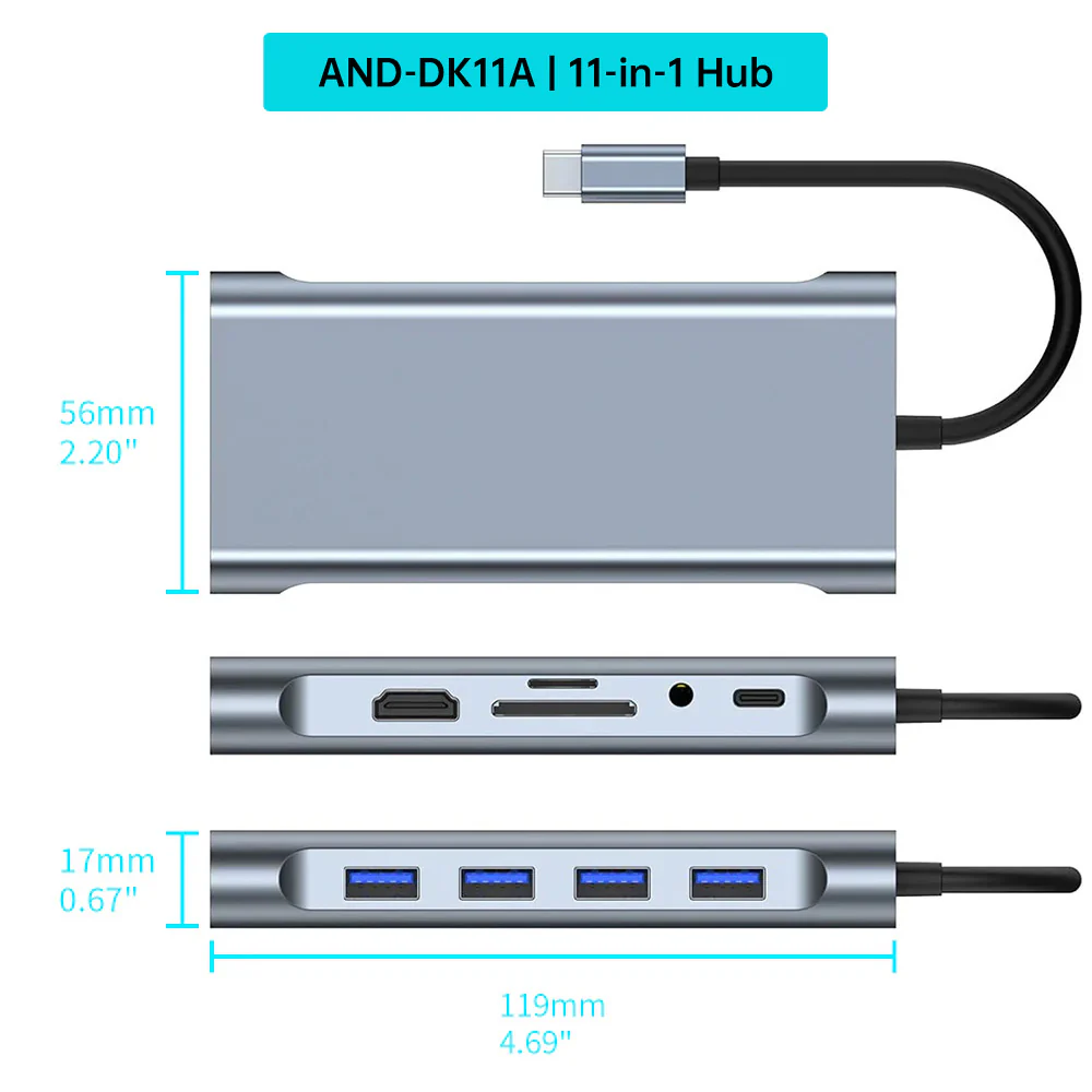AND-DK11A | 11-in-1 Hub | USB (3.0) + 3 USB (2.0) + Ethernet (RJ45) + VGA (1080P) + HDMI (4K) + TF + SD + Audio (3.5mm) + TYPE-C (PD) - Image 5