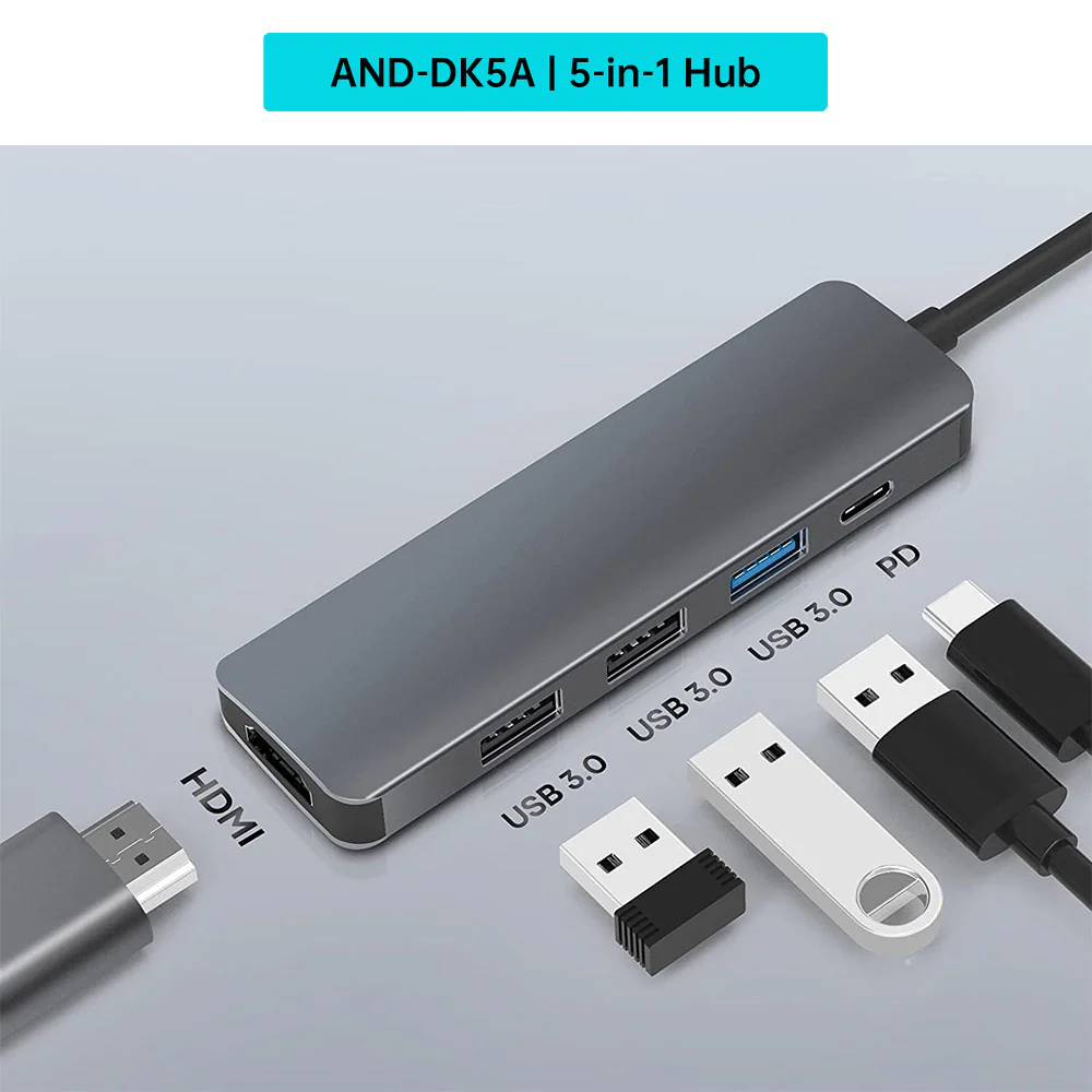 AND-DK5A | 5-in-1 Hub | HDMI (4K) + 3 USB (3.0) + TYPE-C (PD) - Image 3