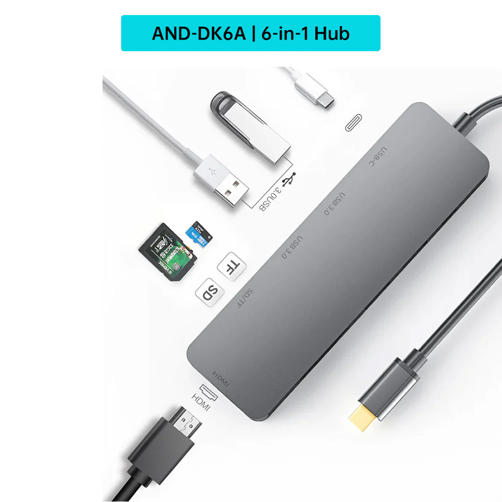 AND-DK6A | 6-in-1 Hub | HDMI (4K) + 2 USB (3.0) + TYPE-C (PD) + TF + SD - Image 3