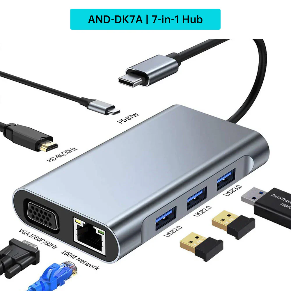 AND-DK7A | 7-in-1 Hub | TYPE-C (PD) + HDMI (4K) + VGA (1080P) + Ethernet (RJ45) + 2 USB (2.0) + USB (3.0) - Image 3