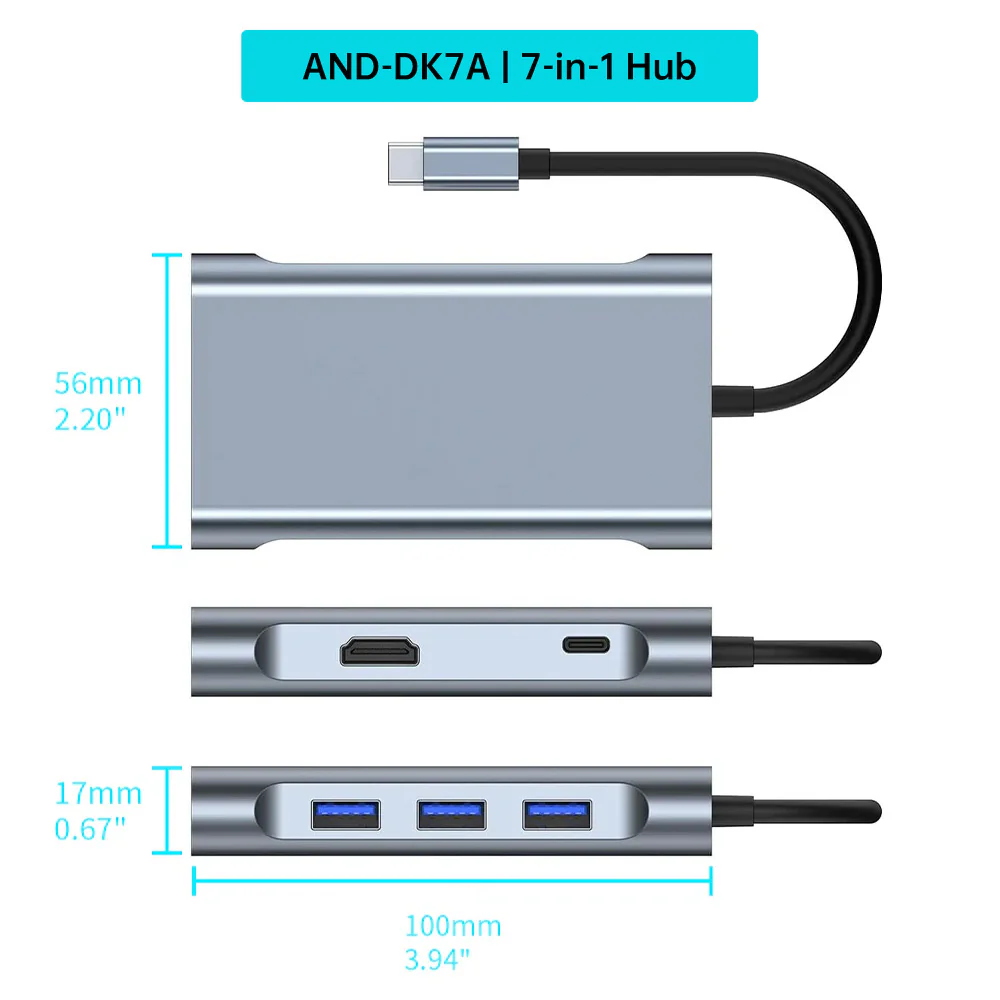 AND-DK7A | 7-in-1 Hub | TYPE-C (PD) + HDMI (4K) + VGA (1080P) + Ethernet (RJ45) + 2 USB (2.0) + USB (3.0) - Image 4