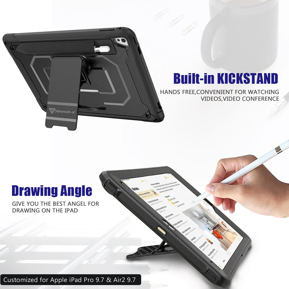 CLN-iPad-PR1 | iPad Air 2 | Dual layers shockproof rugged case with kick-stand &  Pen Holder - Image 6