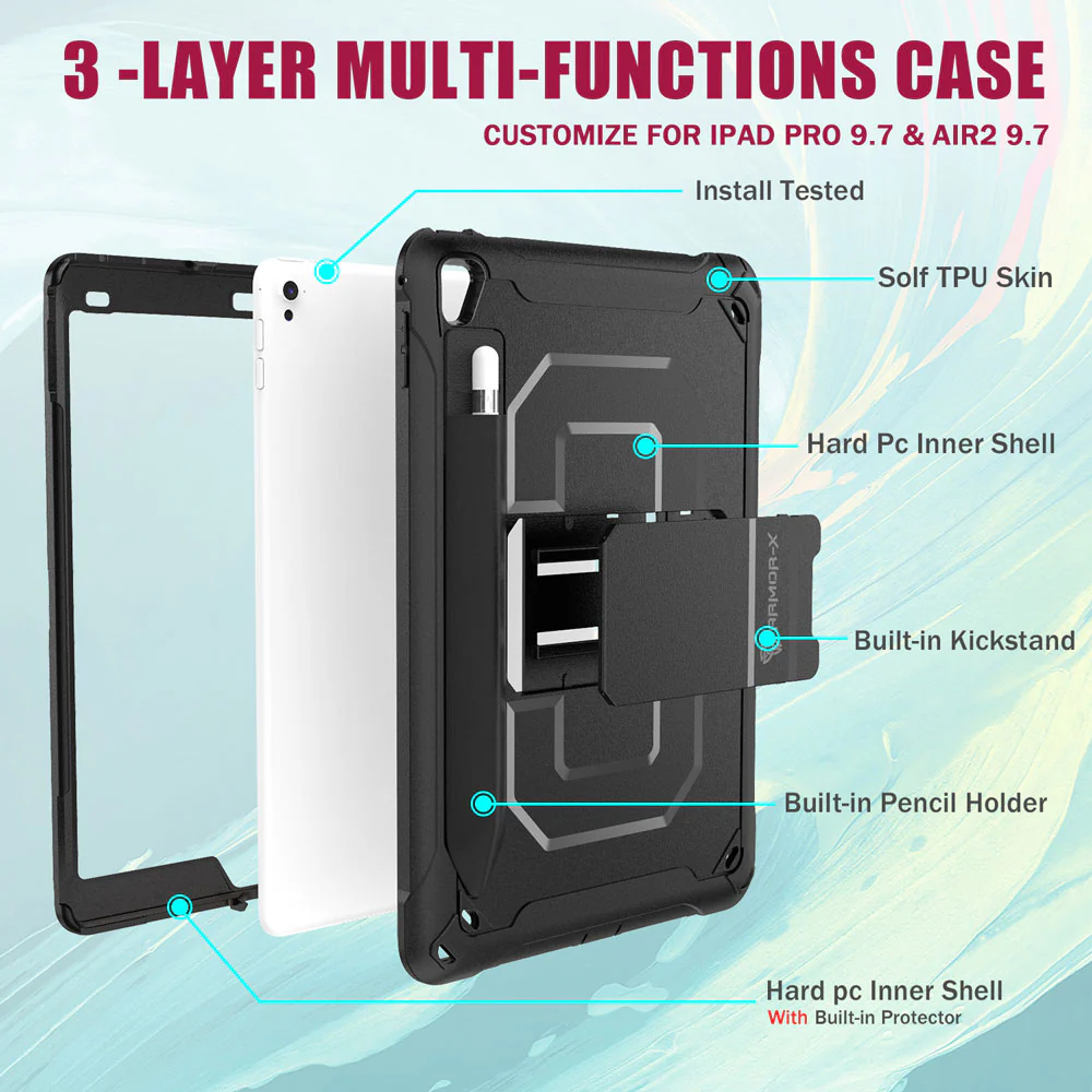 CLN-iPad-PR1 | iPad Air 2 | Dual layers shockproof rugged case with kick-stand &  Pen Holder - Image 7