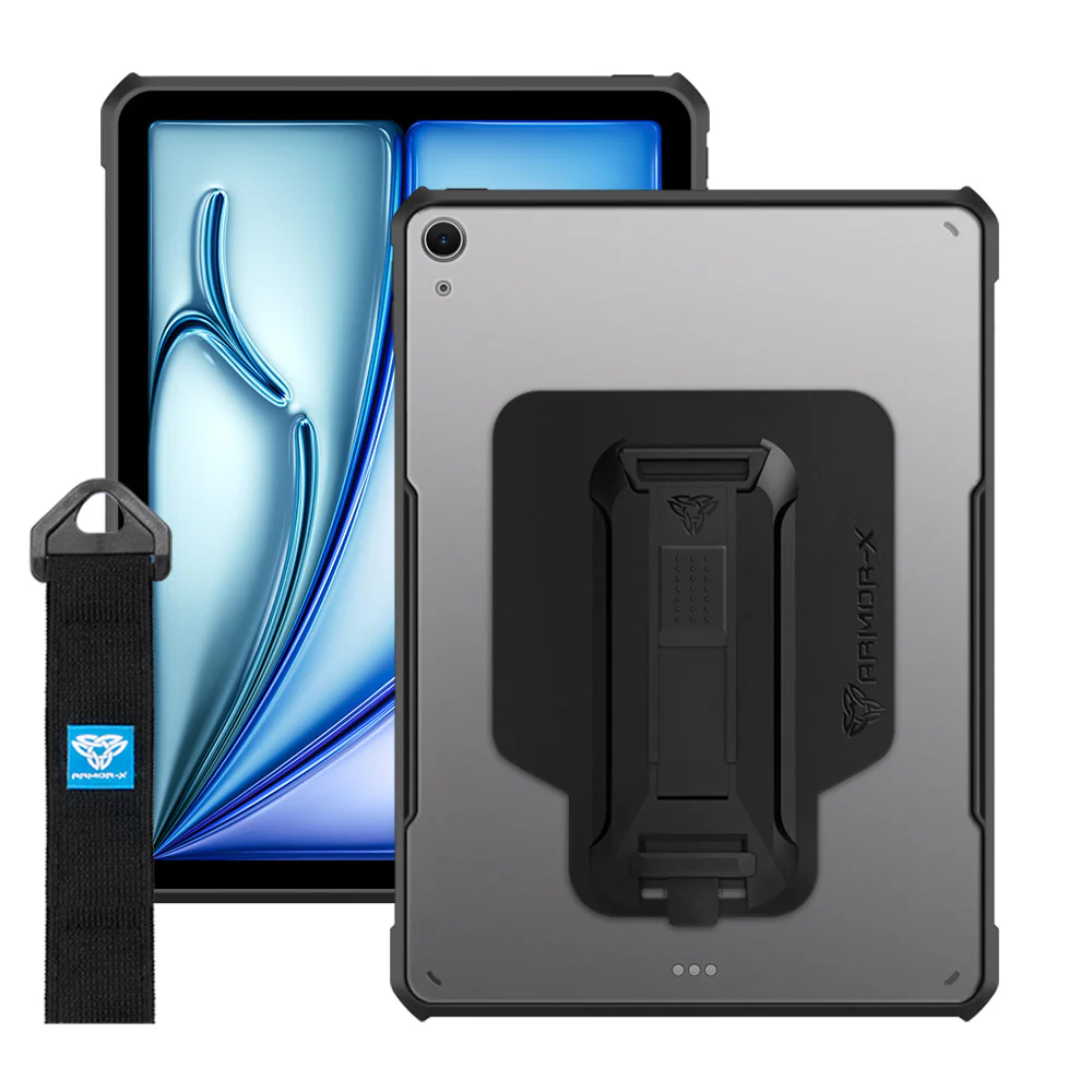 DXS-iPad-A4 | iPad Air 11 (M2) / (M3) / (M4) | Ultra slim 4 corner Anti-impact tablet case with hand strap kick-stand & X-Mount Supports Apple Pencil Pro Wireless Charging
