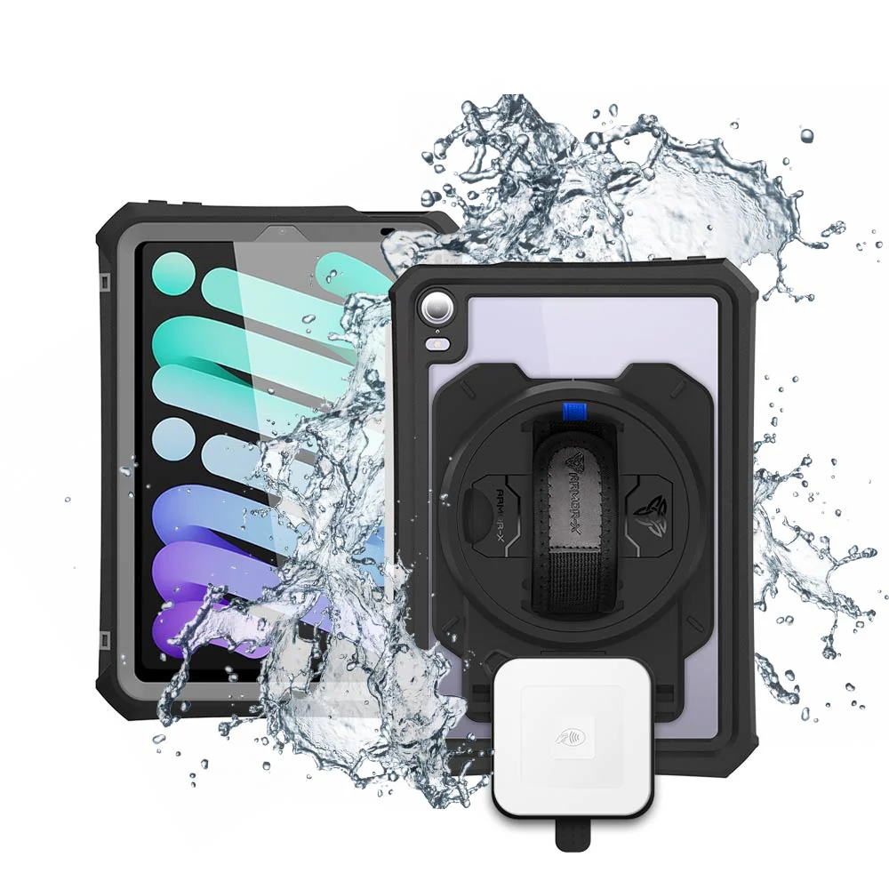 EX1-MAN-iPad-M6PN | iPad mini (A17 Pro) | IP68 Waterproof, Shock & Dust Proof Case Square Card Reader Holder & Pencil Holder Supports Apple Pencil Pro Wireless Charging