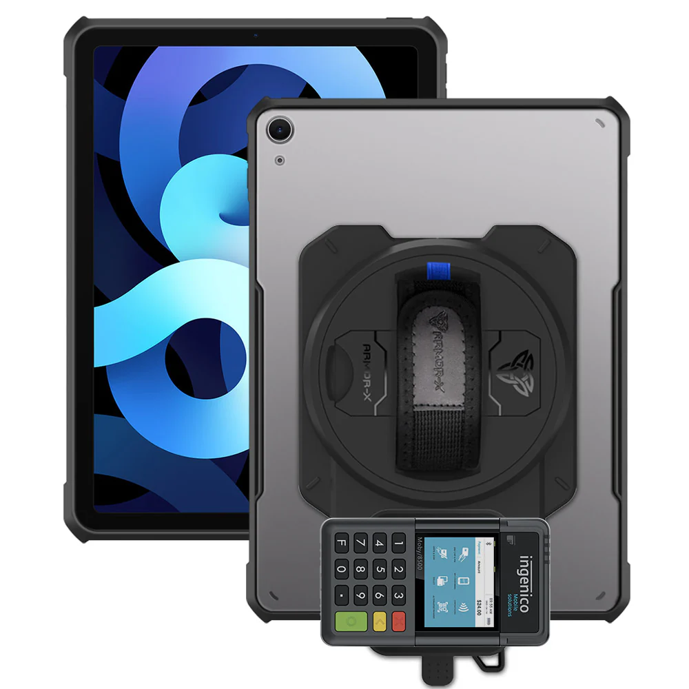 EX2-DAN-iPad-A4 | iPad Air 4 2020 / iPad Air 5 2022 | Ultra Slim 4 Corner Anti-Impact Tablet Case With Ingenico Moby 6500 Card Reader Holder Supports Apple Pencil 2 Wireless Charging