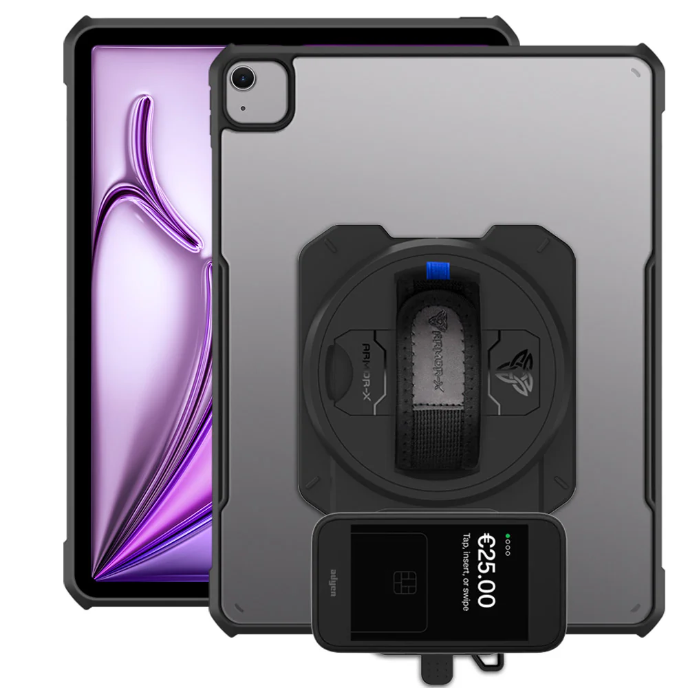 EX2-DAN-iPad-A6 | iPad Air 13 (M2) / (M3) | Ultra Slim 4 Corner Anti-Impact Tablet Case With Adyen AMS1 Card Reader Holder Supports Apple Pencil Pro Wireless Charging