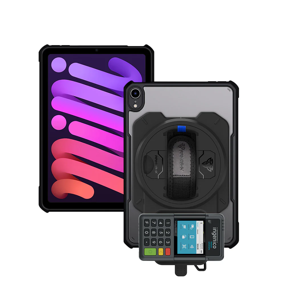 EX2-DAN-iPad-M6 | iPad mini 6 | Ultra Slim 4 Corner Anti-Impact Tablet Case With Ingenico Moby 6500 Card Reader Holder Supports Apple Pencil 2 Wireless Charging