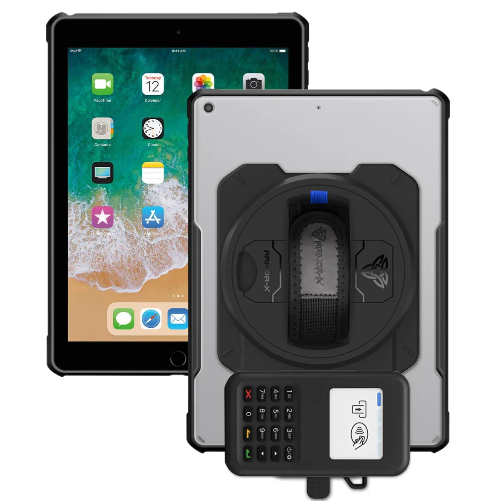 EX2-DAN-iPad-N2 | iPad 9.7 ( 5th / 6th Gen.) 2017 / 2018 | Ultra Slim 4 Corner Anti-Impact Tablet Case With Grafterr Go BBPOS WisePad 3 Card Reader Holder
