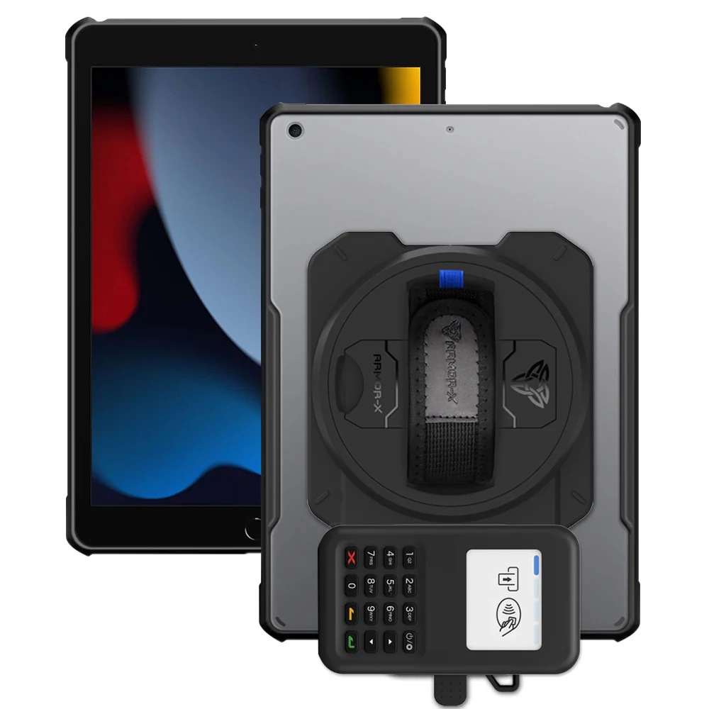 EX2-DAN-iPad-N3 | iPad 10.2 (7th & 8th & 9th Gen.) 2019 / 2020 / 2021 | Ultra Slim 4 Corner Anti-Impact Tablet Case With Grafterr Go BBPOS WisePad 3 Card Reader Holder