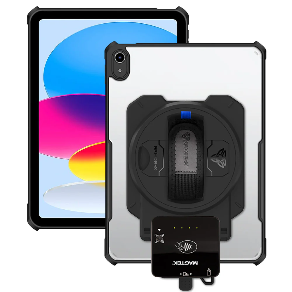 EX2-DAN-iPad-N5 | iPad 10.9 (10th Gen.) | Ultra Slim 4 Corner Anti-Impact Tablet Case With Magtek DynaFlex II Go Card Reader Holder