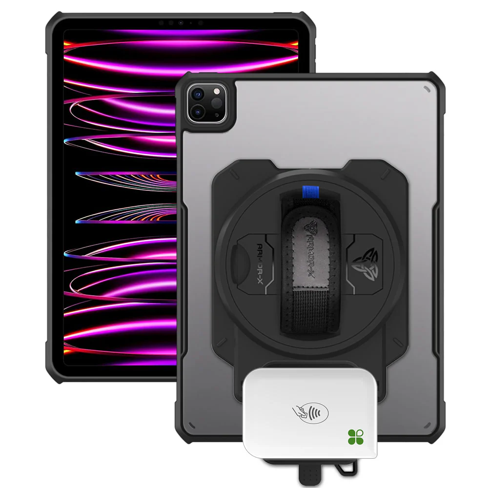 EX2-DAN-iPad-PR6 | iPad Pro 11 ( 1st / 2nd / 3rd / 4th Gen. ) 2018 / 2020 / 2021 / 2022 | Ultra Slim 4 Corner Anti-Impact Tablet Case With Clover Go Card Reader Holder Supports Apple Pencil 2 Wireless Charging
