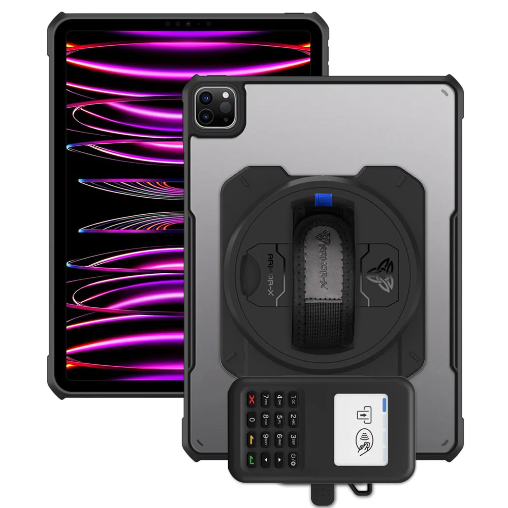 EX2-DAN-iPad-PR6 | iPad Pro 11 ( 1st / 2nd / 3rd / 4th Gen. ) 2018 / 2020 / 2021 / 2022 | Ultra Slim 4 Corner Anti-Impact Tablet Case With Grafterr Go BBPOS WisePad 3 Card Reader Holder Supports Apple Pencil 2 Wireless Charging