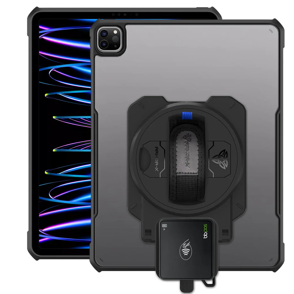 EX2-DAN-iPad-PR7 | iPad Pro 12.9 ( 3rd / 4th / 5th / 6th Gen. ) 2018 / 2020 / 2021 / 2022 | Ultra Slim 4 Corner Anti-Impact Tablet Case With BBPOS Chipper 3X Card Reader Holder Supports Apple Pencil 2 Wireless Charging