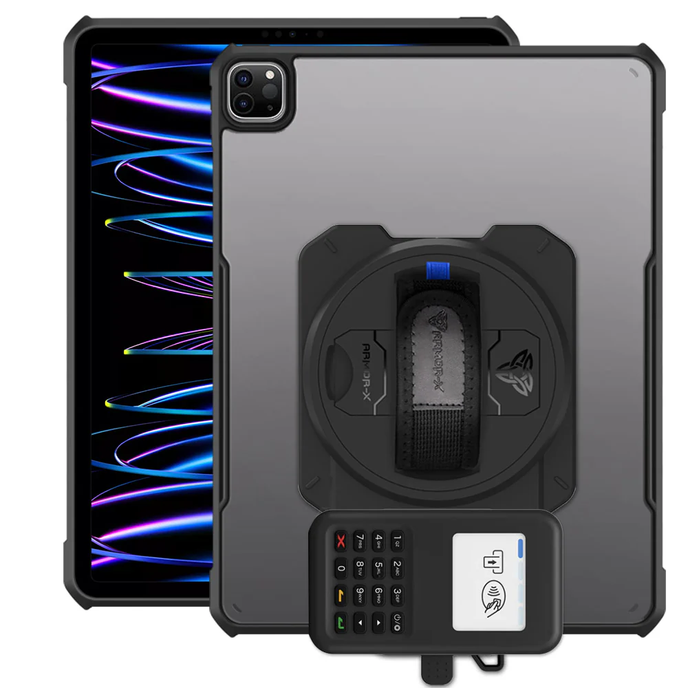 EX2-DAN-iPad-PR7 | iPad Pro 12.9 ( 3rd / 4th / 5th / 6th Gen. ) 2018 / 2020 / 2021 / 2022 | Ultra Slim 4 Corner Anti-Impact Tablet Case With Grafterr Go BBPOS WisePad 3 Card Reader Holder Supports Apple Pencil 2 Wireless Charging