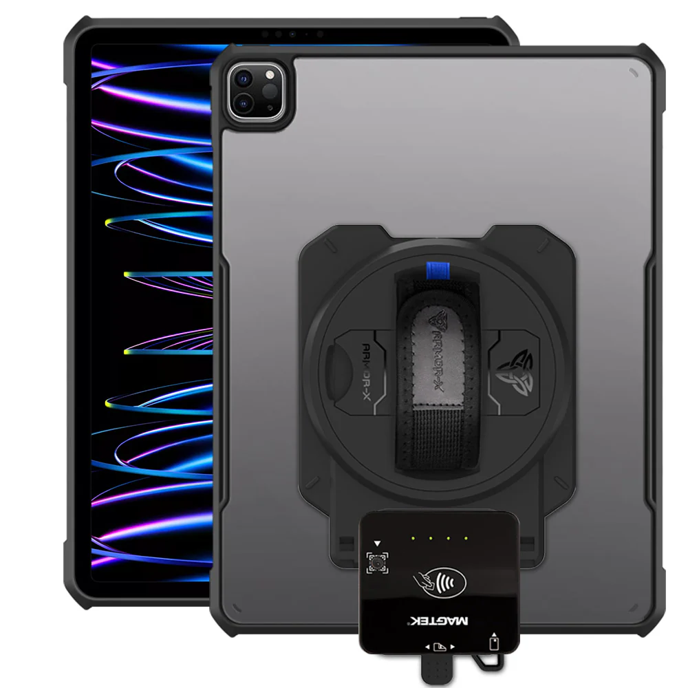EX2-DAN-iPad-PR7 | iPad Pro 12.9 ( 3rd / 4th / 5th / 6th Gen. ) 2018 / 2020 / 2021 / 2022 | Ultra Slim 4 Corner Anti-Impact Tablet Case With Magtek DynaFlex II Go Card Reader Holder Supports Apple Pencil 2 Wireless Charging