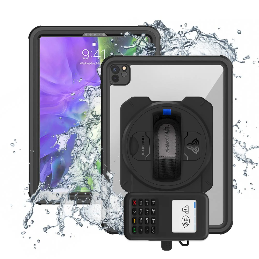 EX2-MAN-A12S | iPad Pro 11 ( 2nd Gen ) 2020 | IP68 Waterproof, Shock & Dust Proof Case With Grafterr Go BBPOS WisePad 3 Card Reader Holder