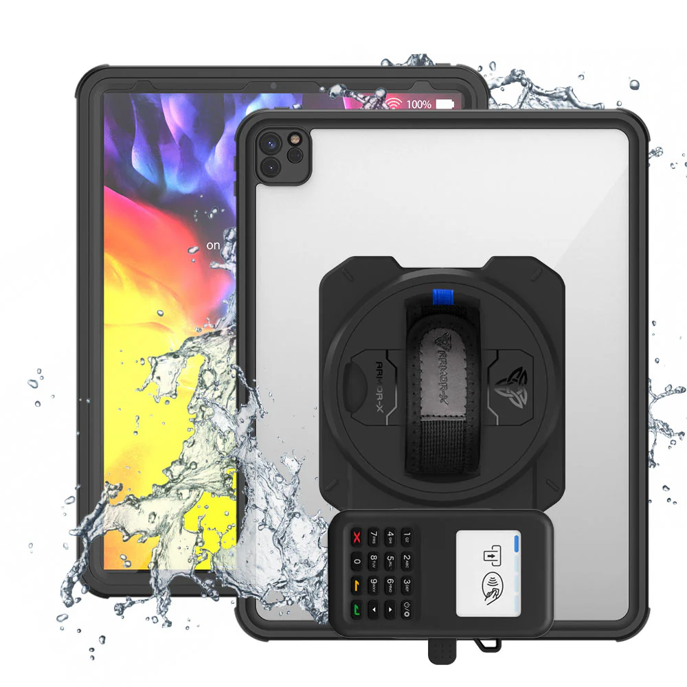 EX2-MAN-A13S | iPad Pro 12.9 ( 4th Gen ) 2020 | IP68 Waterproof, Shock & Dust Proof Case With Grafterr Go BBPOS WisePad 3 Card Reader Holder
