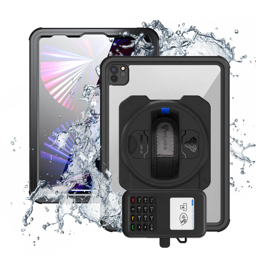 EX2-MAN-A15S | iPad Pro 11 ( 3rd / 4th Gen ) 2021 / 2022 | IP68 Waterproof, Shock & Dust Proof Case With Grafterr Go BBPOS WisePad 3 Card Reader Holder