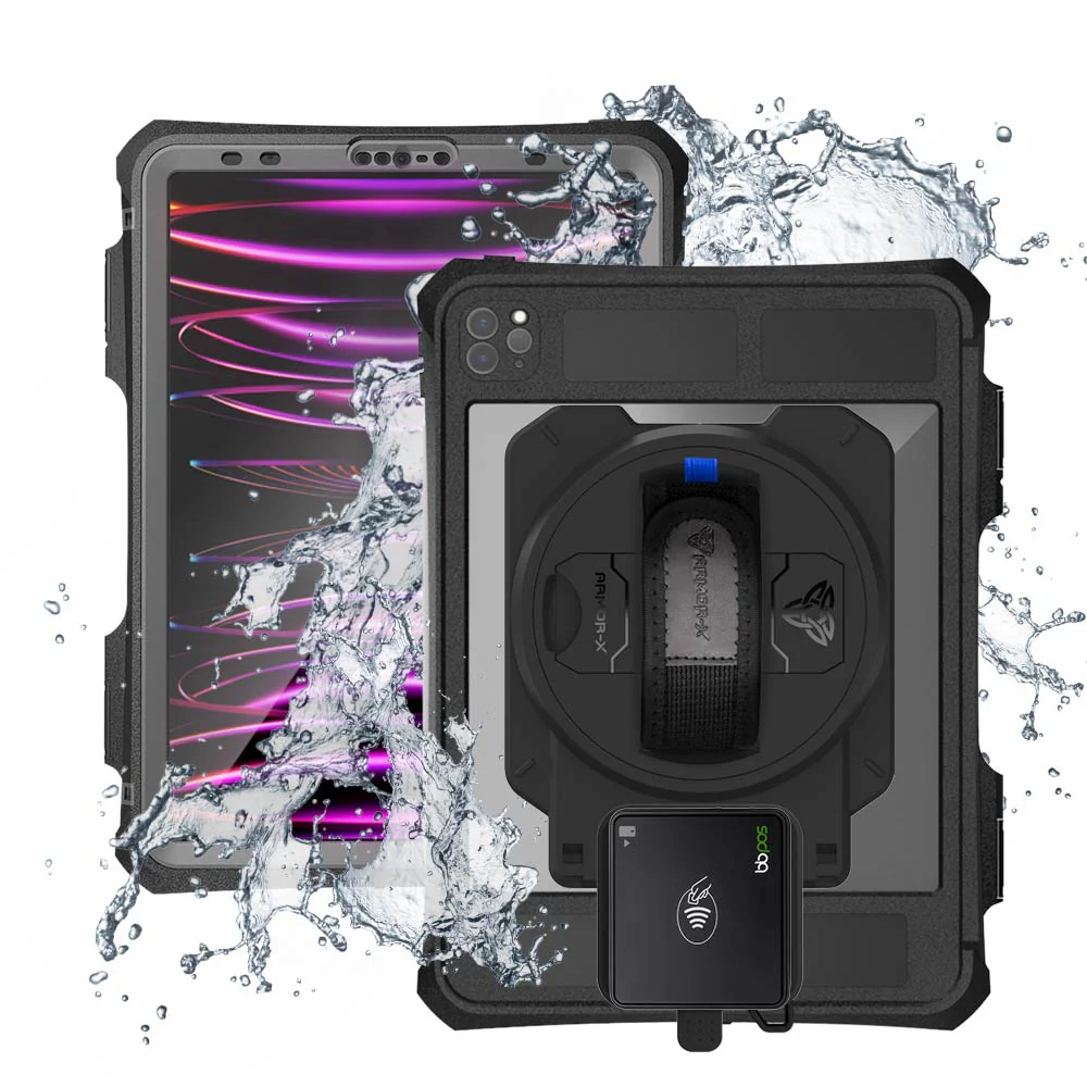 EX2-MAN-A15SPN | iPad Pro 11 ( 2nd / 3rd / 4th Gen. ) 2020 / 2021 / 2022 | IP68 Waterproof, Shock & Dust Proof Case With BBPOS Chipper 3X Card Reader Holder & Pencil Holder Supports Apple Pencil 2 Wireless Charging