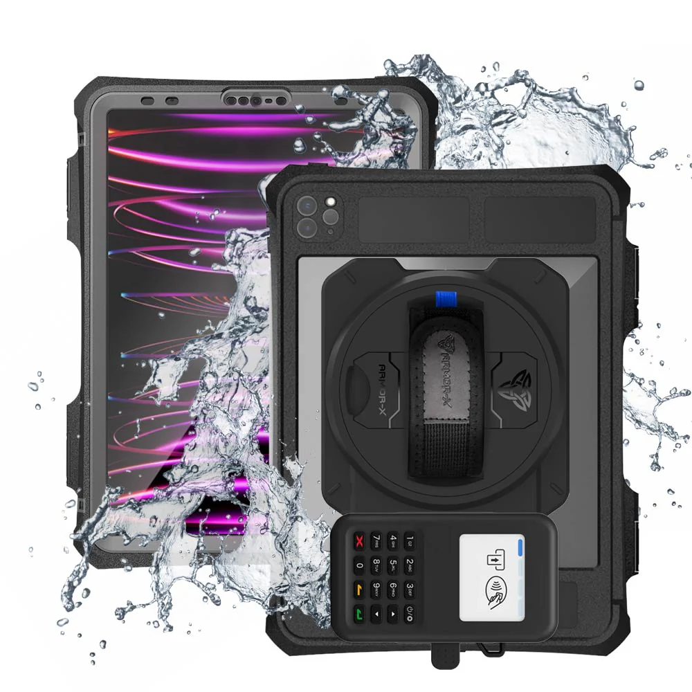 EX2-MAN-A15SPN | iPad Pro 11 ( 2nd / 3rd / 4th Gen. ) 2020 / 2021 / 2022 | IP68 Waterproof, Shock & Dust Proof Case With Grafterr Go BBPOS WisePad 3 Card Reader Holder & Pencil Holder Supports Apple Pencil 2 Wireless Charging