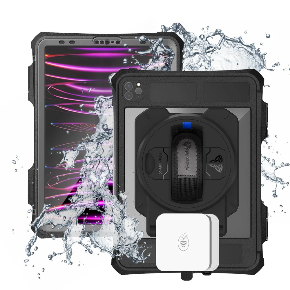 EX2-MAN-A15SPN | iPad Pro 11 ( 2nd / 3rd / 4th Gen. ) 2020 / 2021 / 2022 | IP68 Waterproof, Shock & Dust Proof Case With Stripe Reader M2 Card Reader Holder & Pencil Holder Supports Apple Pencil 2 Wireless Charging