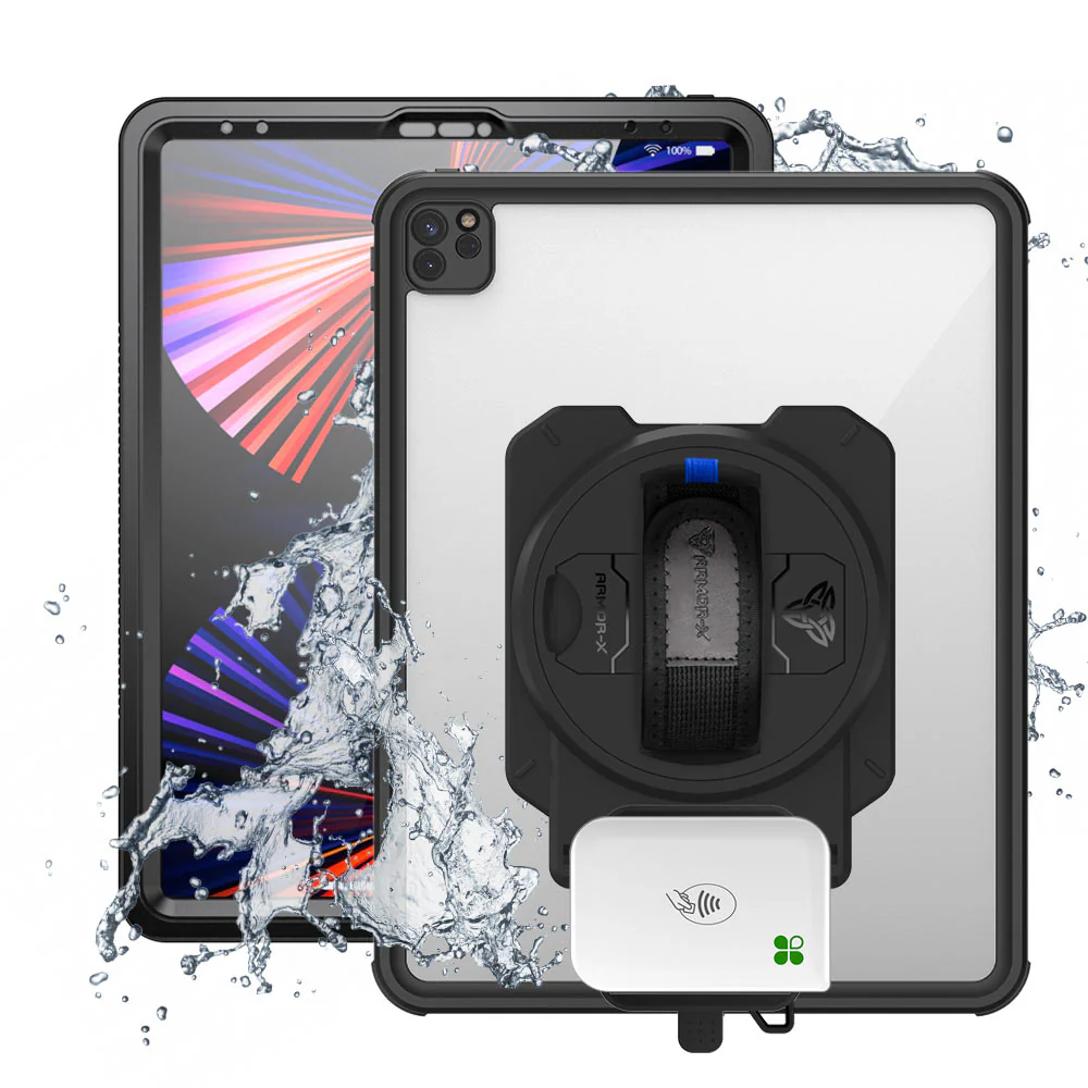 EX2-MAN-A17S | iPad Pro 12.9 ( 5th / 6th Gen ) 2021 / 2022 | IP68 Waterproof, Shock & Dust Proof Case With Clover Go Card Reader Holder