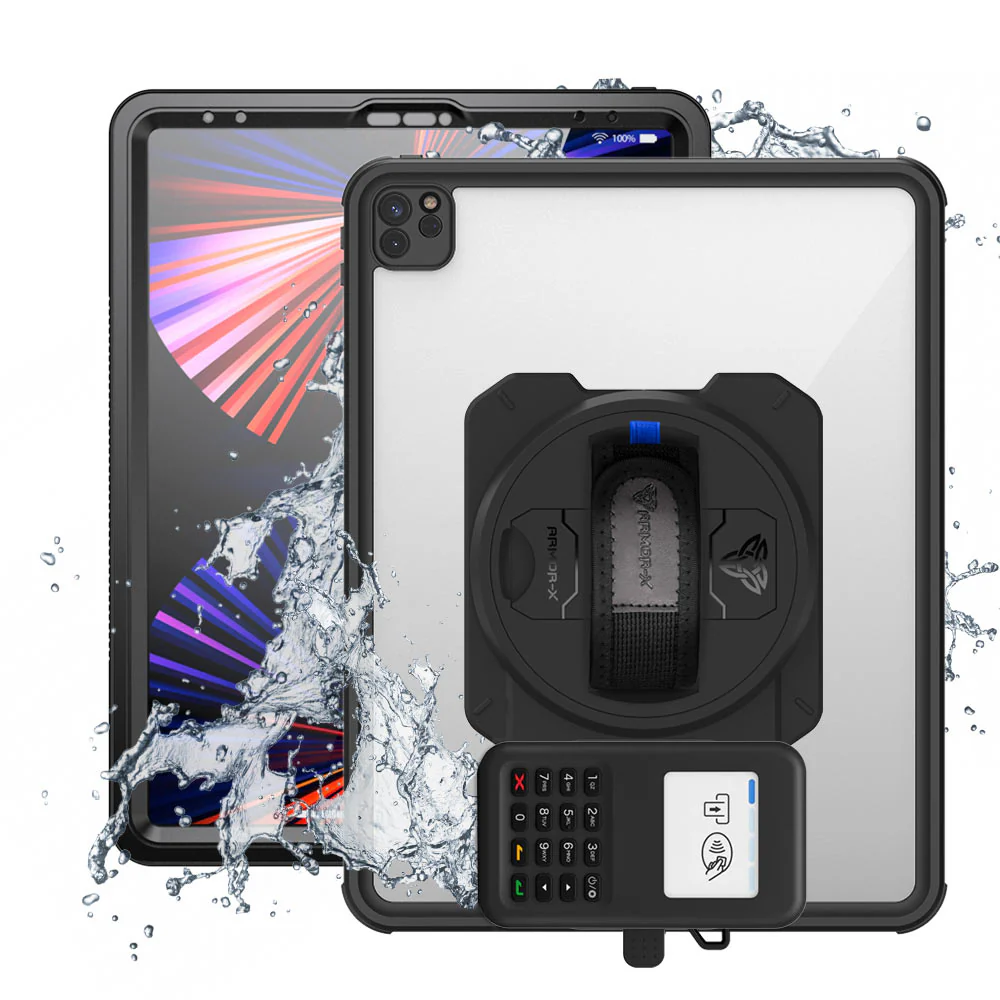 EX2-MAN-A17S | iPad Pro 12.9 ( 5th / 6th Gen ) 2021 / 2022 | IP68 Waterproof, Shock & Dust Proof Case With Grafterr Go BBPOS WisePad 3 Card Reader Holder