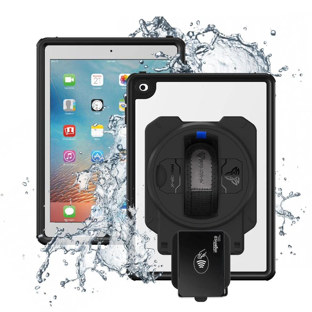 EX2-MAN-A7S | iPad 9.7 ( 5th / 6th Gen. ) 2017 / 2018 | IP68 Waterproof, Shock & Dust Proof Case With Ingenico Moby 5500 Card Reader Holder