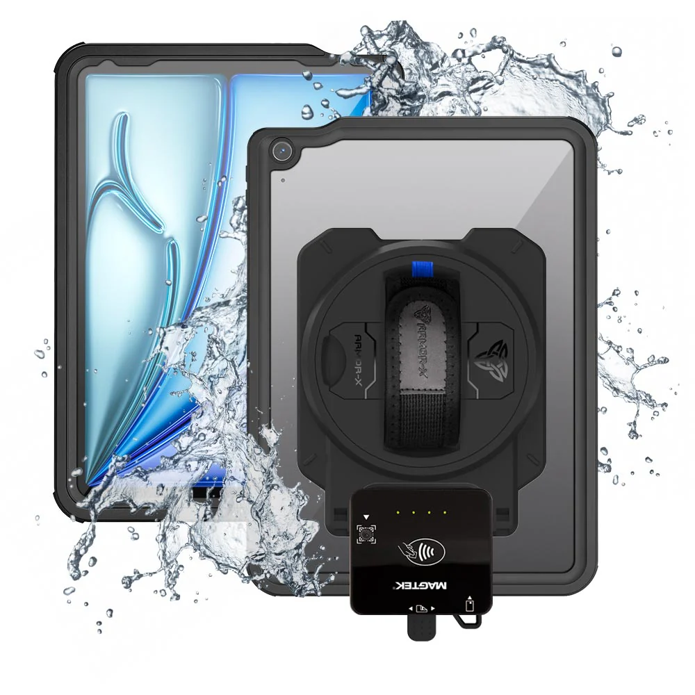 EX2-MAN-iPad-A5 | iPad Air 11 (M2) / (M3) | IP68 Waterproof, Shock & Dust Proof Case With Grafterr Magtek DynaFlex II Go Card Reader Holder