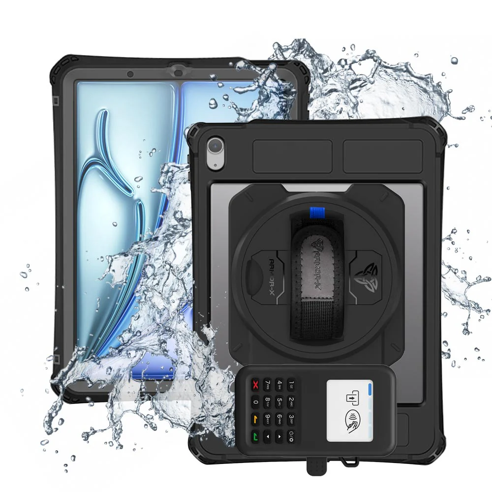 EX2-MAN-iPad-A5PN | iPad Air 4 2020 / Air 5 2022 | IP68 Waterproof, Shock & Dust Proof Case With Grafterr Go BBPOS WisePad 3 Card Reader Holder Supports Apple Pencil 2 Wireless Charging