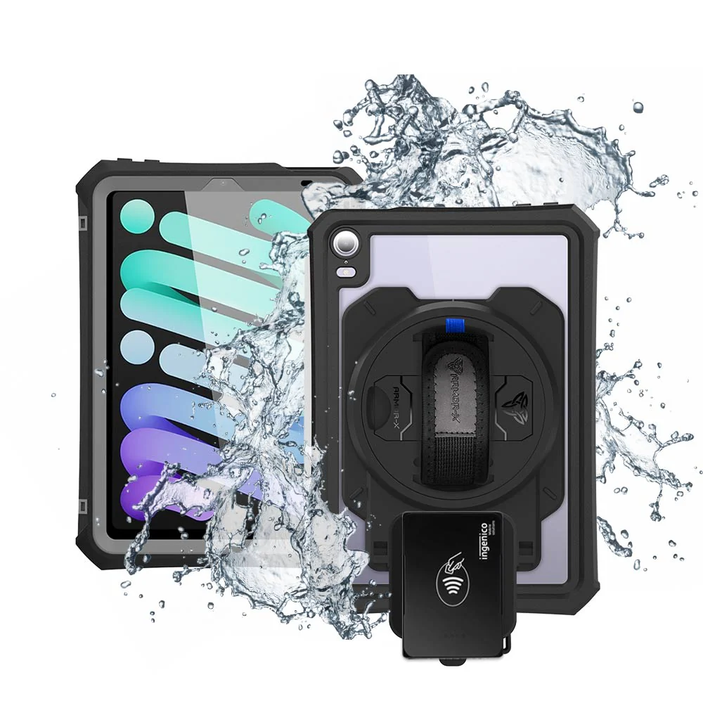 EX2-MAN-iPad-M6PN | iPad mini 6 | IP68 Waterproof, Shock & Dust Proof Case With Ingenico Moby 5500 Card Reader Holder Supports Apple Pencil 2 Wireless Charging