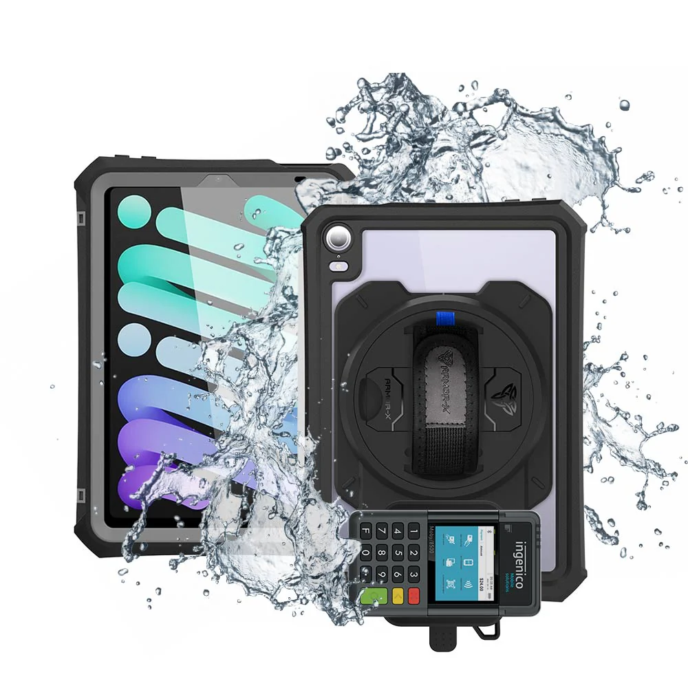 EX2-MAN-iPad-M6PN | iPad mini 6 | IP68 Waterproof, Shock & Dust Proof Case With Ingenico Moby 6500 Card Reader Holder Supports Apple Pencil 2 Wireless Charging