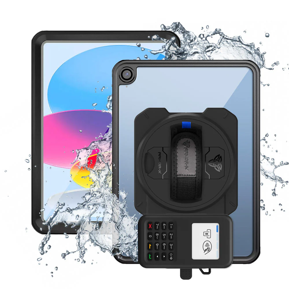 EX2-MAN-iPad-N5 | iPad 10.9 (10th Gen.) | IP68 Waterproof, Shock & Dust Proof Case With Grafterr Go BBPOS WisePad 3 Card Reader Holder