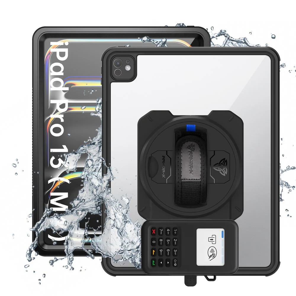 EX2-MAN-iPad-PR10 | iPad Pro 13 (M4) / (M5) | IP68 Waterproof, Shock & Dust Proof Case With Grafterr Go BBPOS WisePad 3 Card Reader Holder