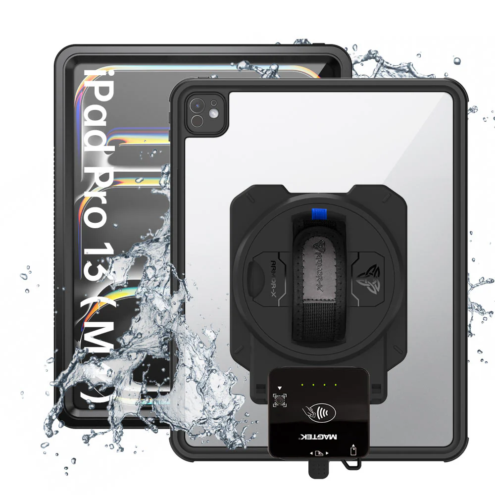 EX2-MAN-iPad-PR10 | iPad Pro 13 (M4) / (M5) | IP68 Waterproof, Shock & Dust Proof Case With Magtek DynaFlex II Go Card Reader Holder