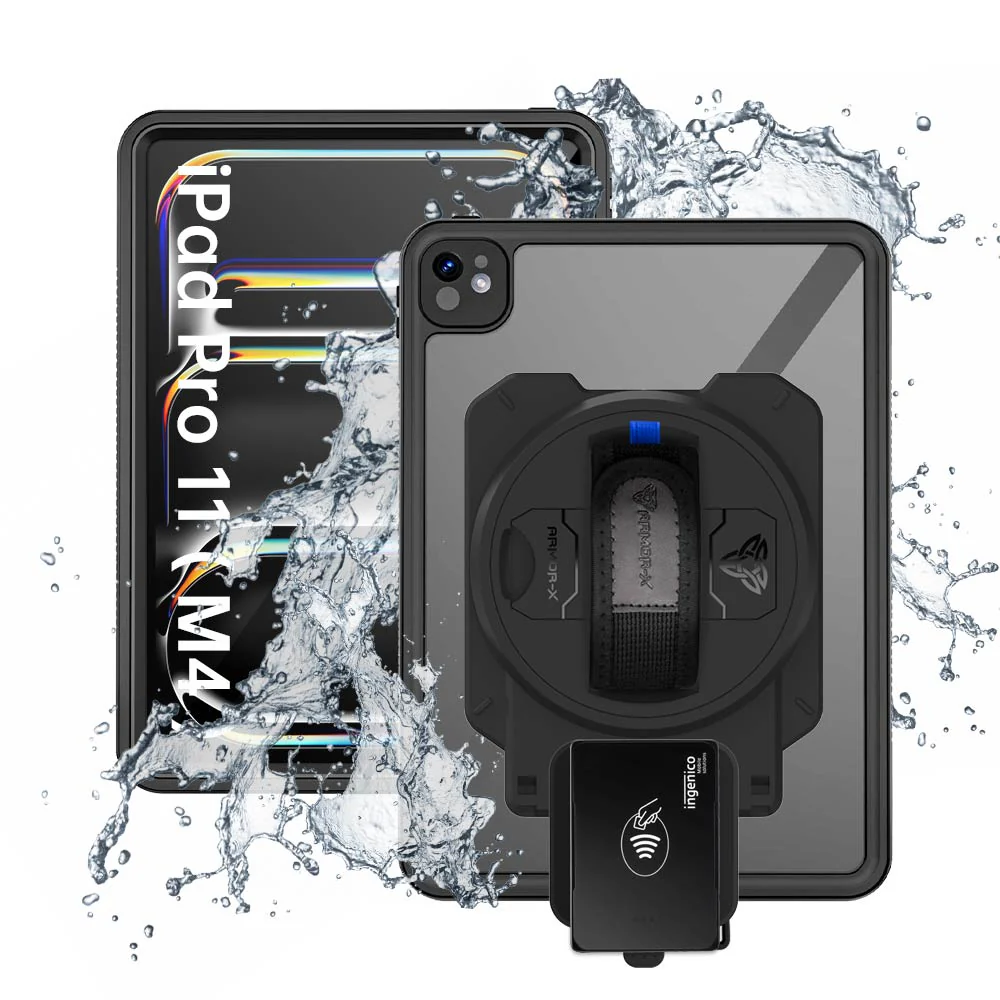 EX2-MAN-iPad-PR11 | iPad Pro 11 (M4) / (M5) | IP68 Waterproof, Shock & Dust Proof Case With Ingenico Moby 5500 Card Reader Holder