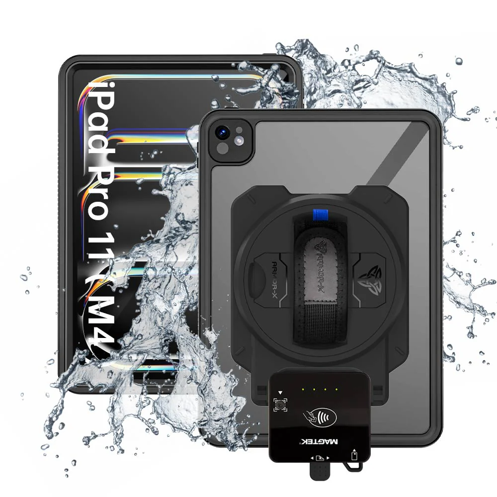 EX2-MAN-iPad-PR11 | iPad Pro 11 (M4) / (M5) | IP68 Waterproof, Shock & Dust Proof Case With Magtek DynaFlex II Go Card Reader Holder