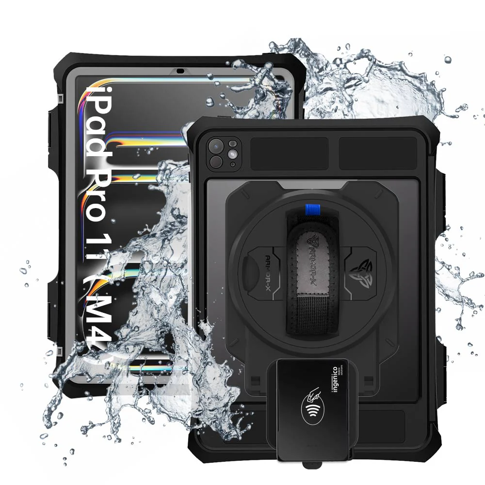 EX2-MAN-iPad-PR11PN | iPad Pro 11 (M4) / (M5) | IP68 Waterproof, Shock & Dust Proof Case With Ingenico Moby 5500 Card Reader Holder Supports Apple Pencil Pro Wireless Charging