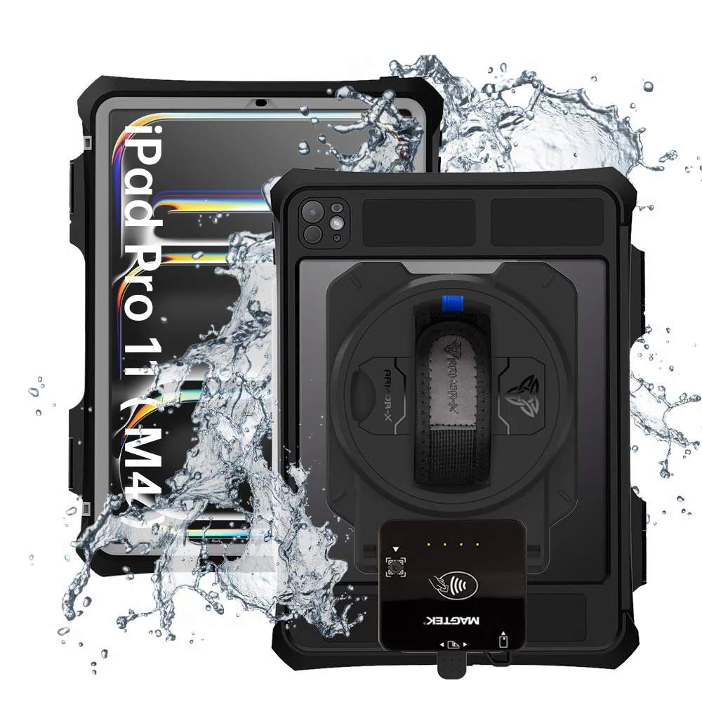 EX2-MAN-iPad-PR11PN | iPad Pro 11 (M4) / (M5) | IP68 Waterproof, Shock & Dust Proof Case With Magtek DynaFlex II Go Card Reader Holder Supports Apple Pencil Pro Wireless Charging