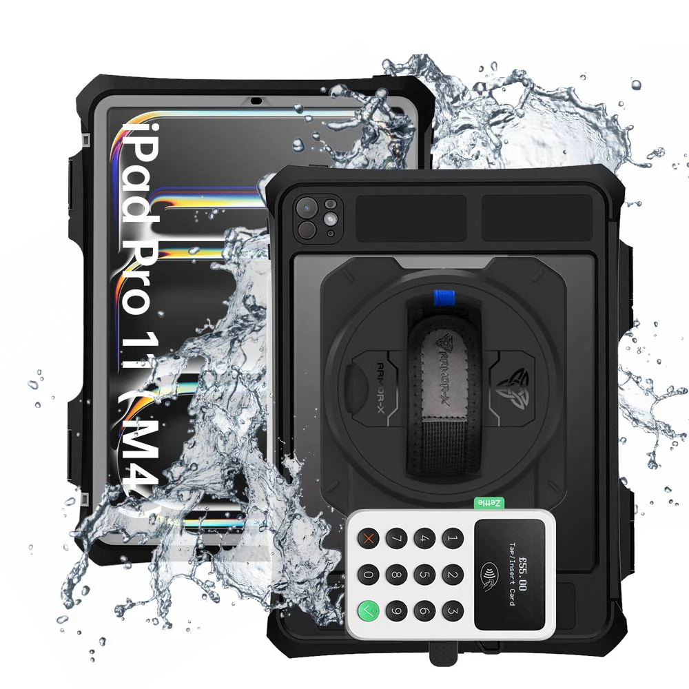 EX2-MAN-iPad-PR11PN | iPad Pro 11 (M4) / (M5) | IP68 Waterproof, Shock & Dust Proof Case With PayPal Zettle Card Reader 2 Holder Supports Apple Pencil Pro Wireless Charging