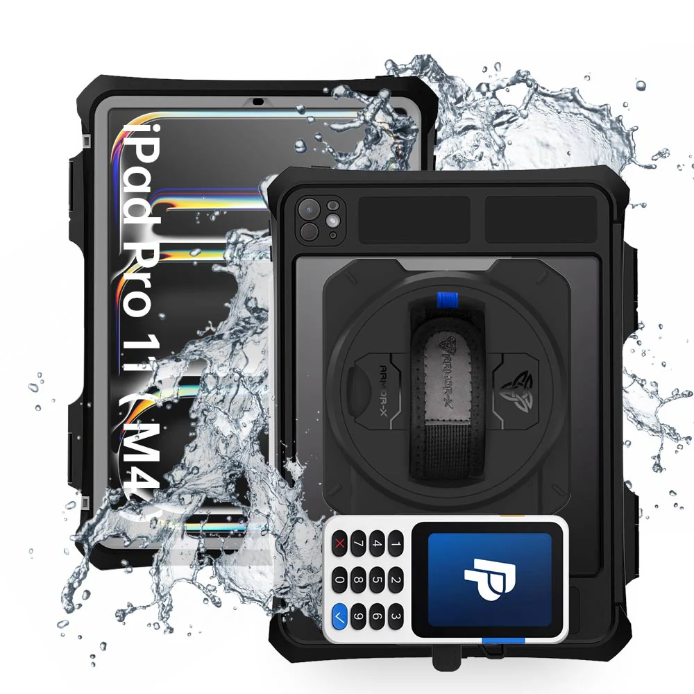 EX2-MAN-iPad-PR11PN | iPad Pro 11 (M4) / (M5) | IP68 Waterproof, Shock & Dust Proof Case With PayPal Reader Zettle V3 Holder Supports Apple Pencil Pro Wireless Charging