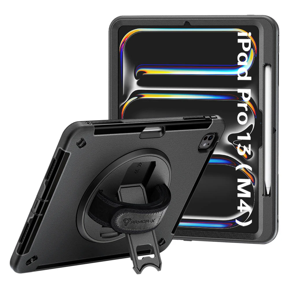 EXN-iPad-PR10 | iPad Pro 13 (M4) / (M5) | Ultra 3 layers shockproof rugged case with hand strap & kick-stand (No screen protector)