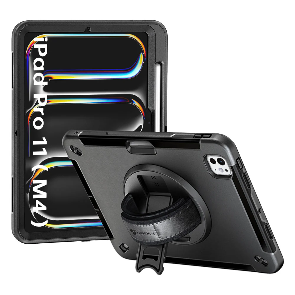 EXN-IPAD-PR11 | iPad Pro 11 (M4) / (M5) | Ultra 3 layers shockproof rugged case with hand strap & kick-stand (No screen protector)