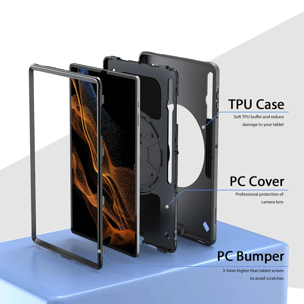 EXN-SS-X900 | Samsung Galaxy Tab S8 Ultra SM-X900 / X906 | Ultra 3 layers shockproof rugged case with hand strap & kick-stand & Pen holder - Image 7