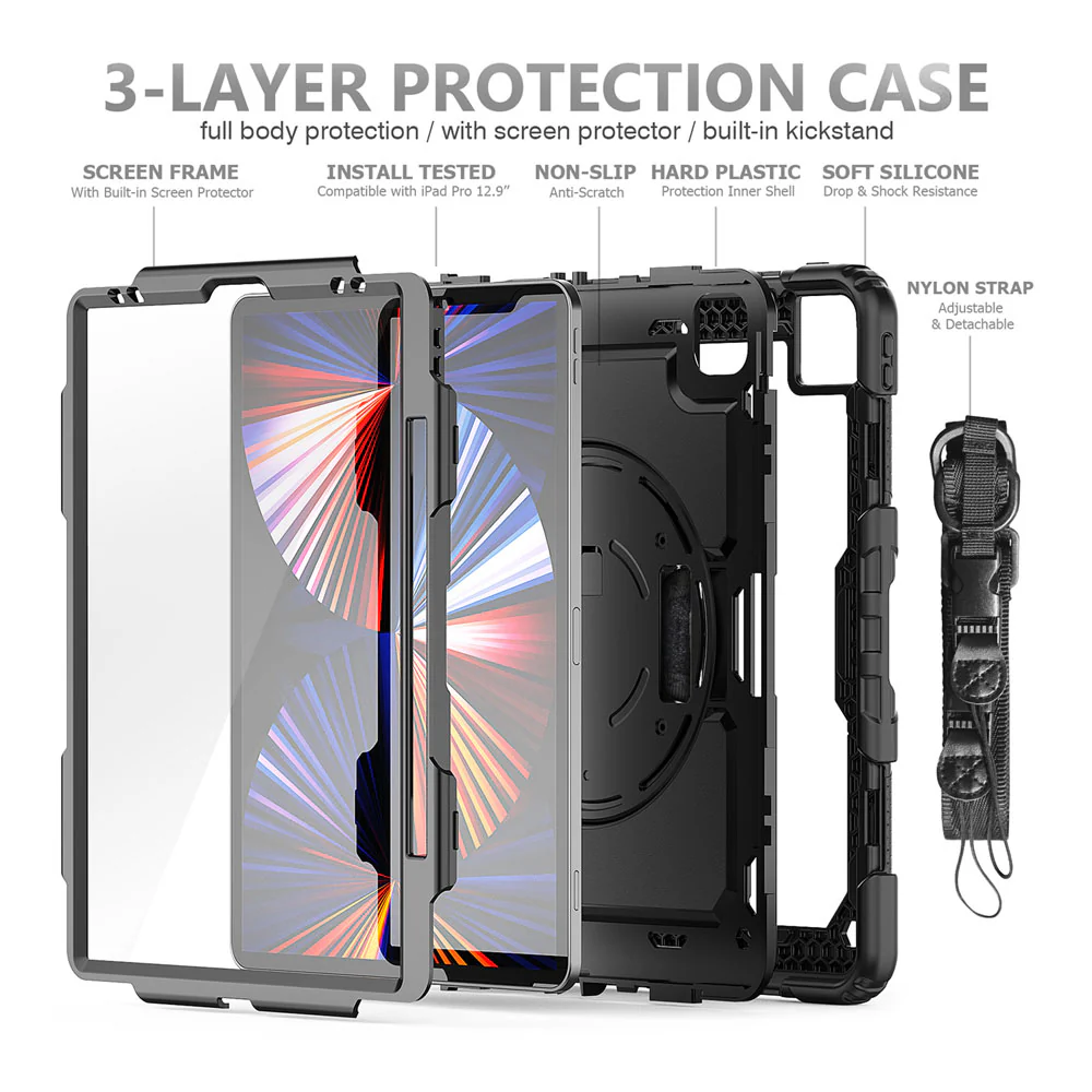 GEN-iPad-PR9 | iPad Pro 12.9 ( 3rd / 4th / 5th / 6th Gen. ) 2018 / 2020 / 2021 / 2022 | Rainproof military grade rugged case with hand strap and kick-stand - Image 9