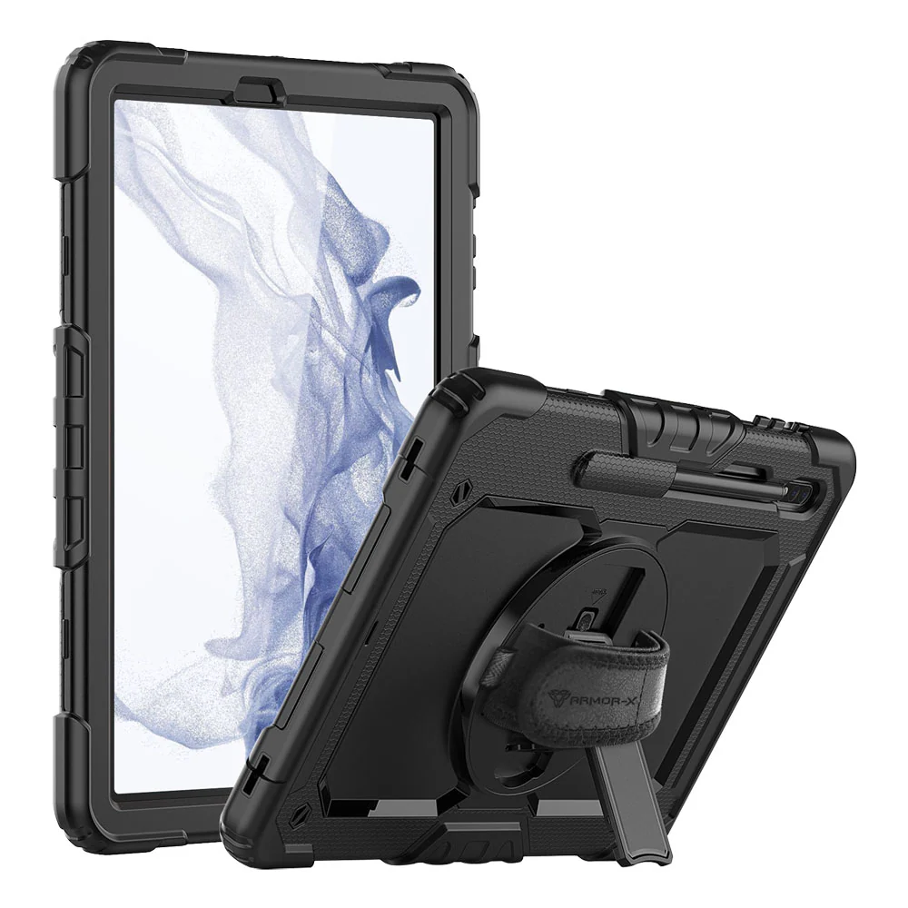 GEN-SS-X800 | Samsung Galaxy Tab S8+ S8 Plus SM-X800 / X806 & S7+ / S7 FE | Rainproof military grade rugged case with hand strap and kick-stand
