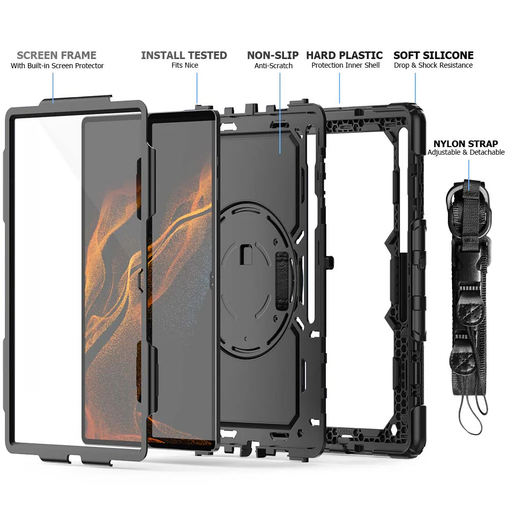 GEN-SS-X900 | Samsung Galaxy Tab S8 Ultra SM-X900 / X906 | Rainproof military grade rugged case with hand strap and kick-stand - Image 8